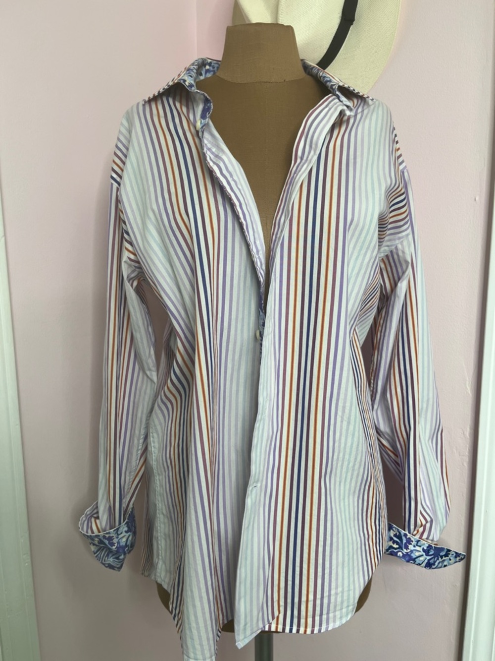 Cotton Striped Button Down Shirt with Floral Contrast Size Large Unisex